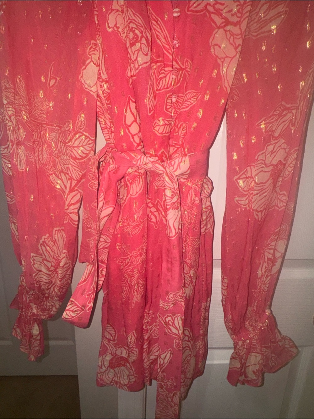Hemant and Nandita Pink Floral Gold Lurex Long Sleeve Romper Boho Mini Dress L - Picture 8 of 10